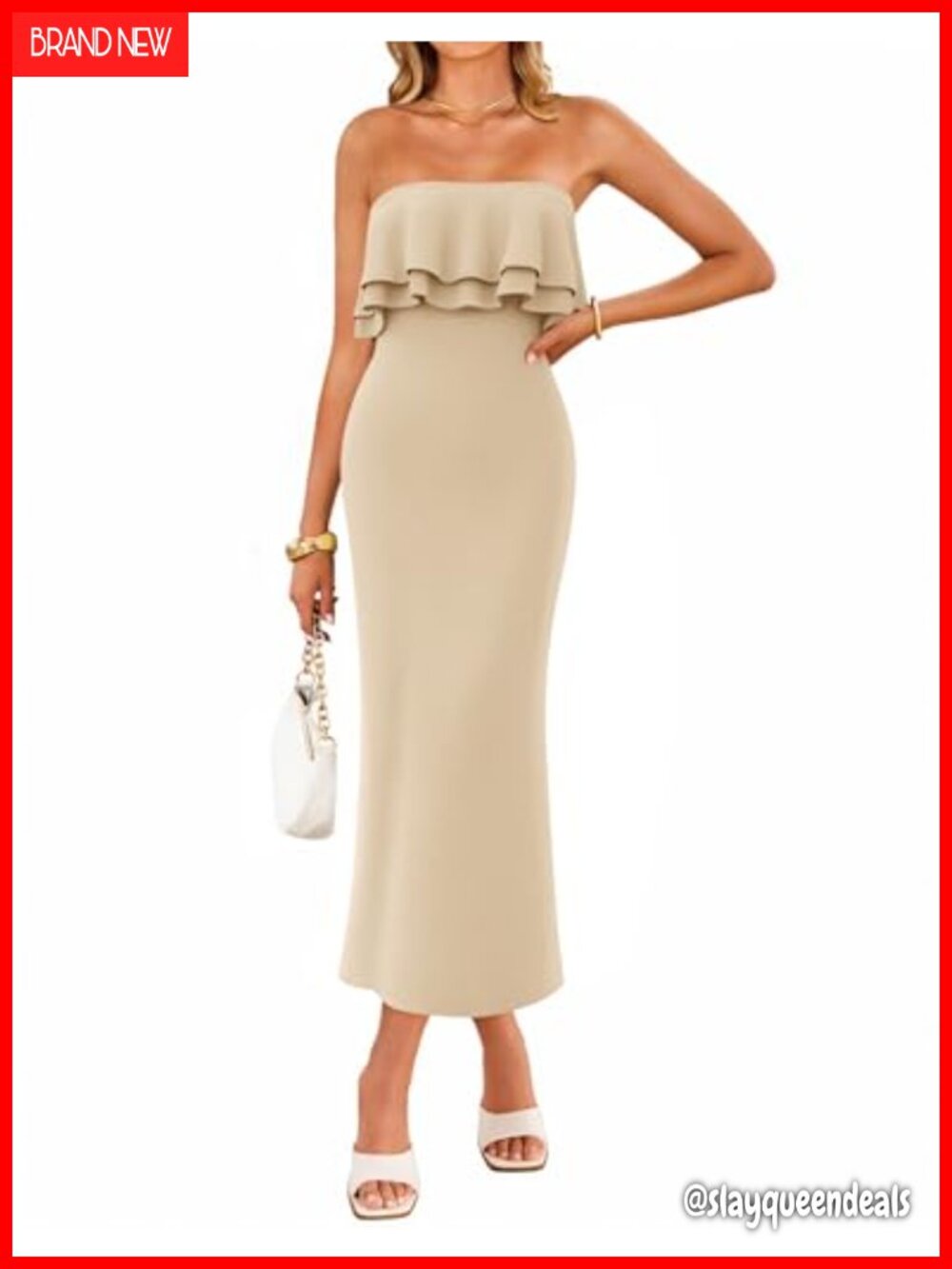 Womens Strapless Knit Bodycon Midi Dress Sleeveless Ruffled Backless Summer